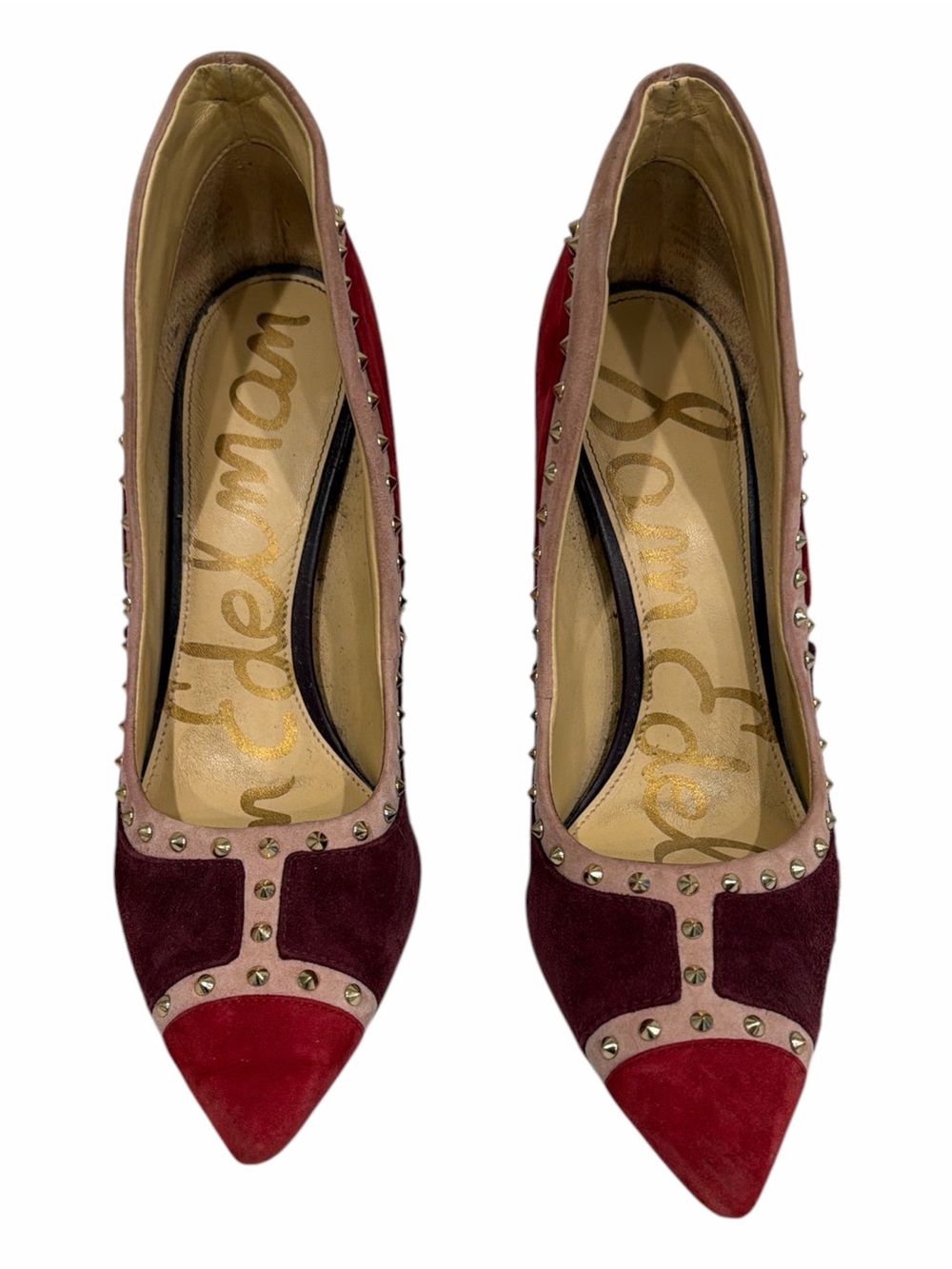 Sam Edelman Studded Suede Pumps Size 7.5 Burgundy Red Blush Stiletto Heels - Picture 2 of 7